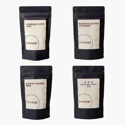Vyrtse BBQ Rub Collection mit Kansas City Rub, Nashville Hot Chicken Rub, Santa Maria Rub und SPG Salt Pepper Garlic Rub